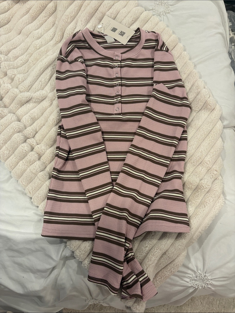 Pink and Brown Striped Button-Front Crewneck Sweater